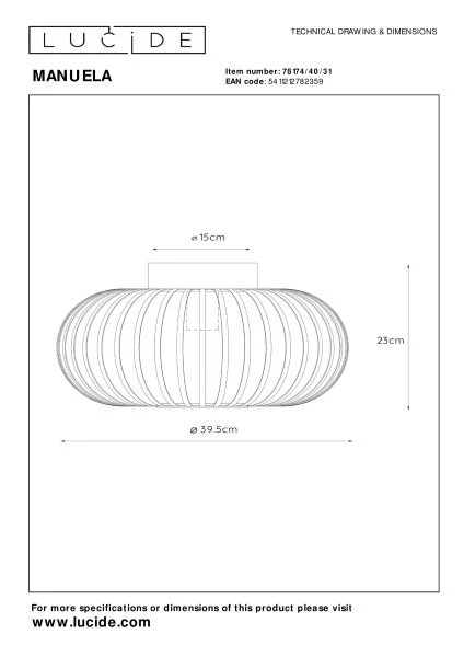 Lucide MANUELA - Deckenleuchte - Ø 39,5 cm - 1xE27 - Weiß - TECHNISCH